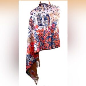 Plum Feathers Reversible Art Scarf Abstract Floral 28x72 NWT